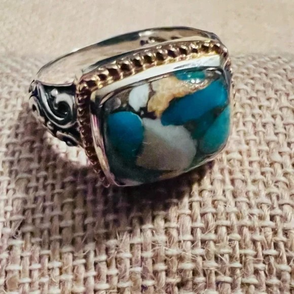Romelle Spiny Oyster Turquoise Ring in Sterling Silver  Spiny Oyster Mohave Turquoise & sterling Silver Filagree Rope Ring Size 10 New
